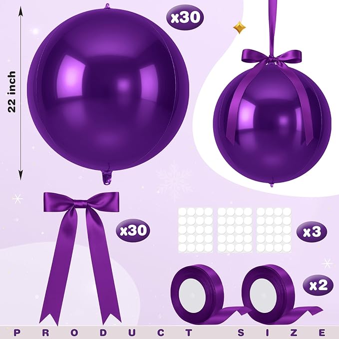 Jenaai 30 Set Round Foil Balloons Bulk 22 Inch 4d Metallic Giant Balloons Set with Satin Bows Ribbon for Ceiling Holiday Ornaments New Year Birthday Wedding Party Decoration(Purple)