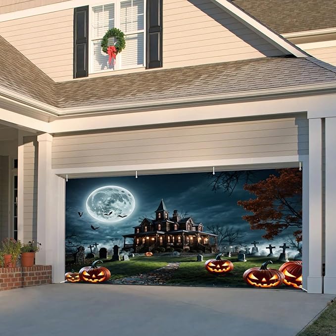 Horror Halloween Garage Door Decorations Backdrop Haunted House Moonlight Bat Terror Tomb Courtyard Wall Background Magical Night Pumpkin Trick or Treat Banner Studio Props 13x6ft