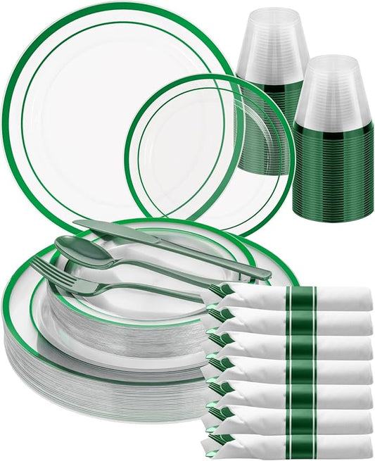 Goodluck 175 Piece Green Plastic Plates, Clear Plastic Silverware Disposable Plates Set, Include 50Plates, 25Pack Pre Rolled Napkins with Silverware, 25Cups for Party, Christmas, Graduation, Wedding