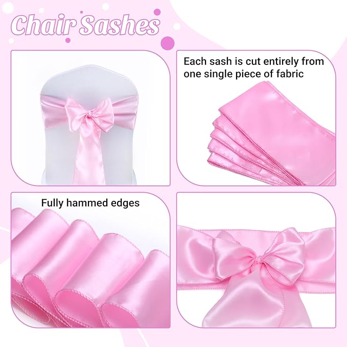VDS Satin Chair Sashes Chair Cover Back Tie Sateen Bows Ribbon for Wedding Birthday Graduation Engagement Ceremony Event Party Banquet Venue Hotel All Dining Chair Decoration (200PC) (Pink)