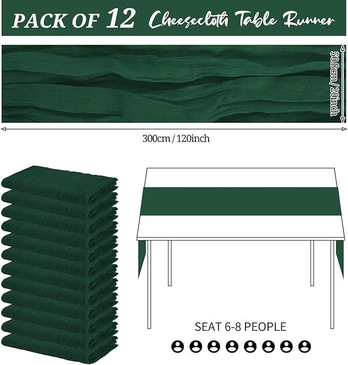 12 Pack Cheesecloth Table Runner 20 x 120 inch Cheese Cloth Table Runner Bulk,Romantic Boho Sheer Gauze Fabric Table Runners for Wedding Reception,Party,Bridal Shower Table Decor(Emerald Green)