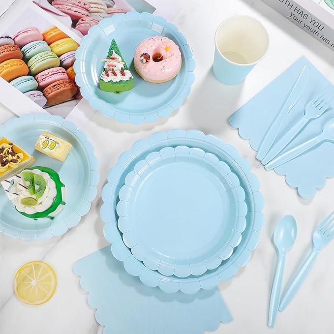 350 Pcs Light Blue Paper Plates and Napkins, Boy Baby Shower Decorations Include Baby Blue Scalloped Plates Napkins Cups Plastic Spoons Forks Knives for Bridal Shower,Wedding,Birthday