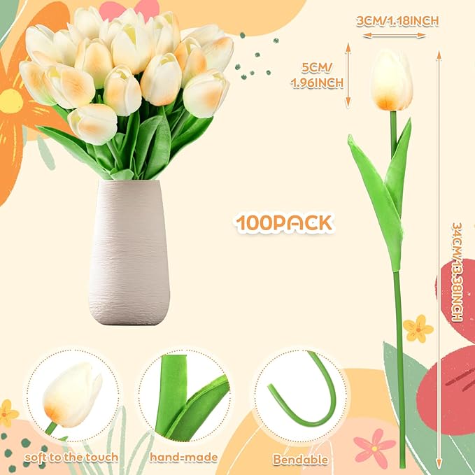 Jexine 100 Pcs Artificial Real Touch Tulips Fake Artificial Tulip Flower Bulk Bouquet with Stem for Table Centerpieces Wedding Bridal Easter Mother's Day Garden Home Decor, 13.4''(Light Champagne)