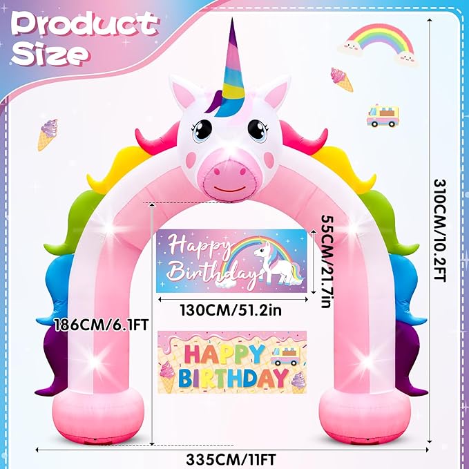 10FT Inflatable Unicorn Arch Outdoor Decorations Giant Rainbow Inflatables Arch Built-in 5 LED Lights Blow Up Pastel Unicorn Garden Yard Lawn Decor for Easter Wedding Baby Shower Girls Birthday Party