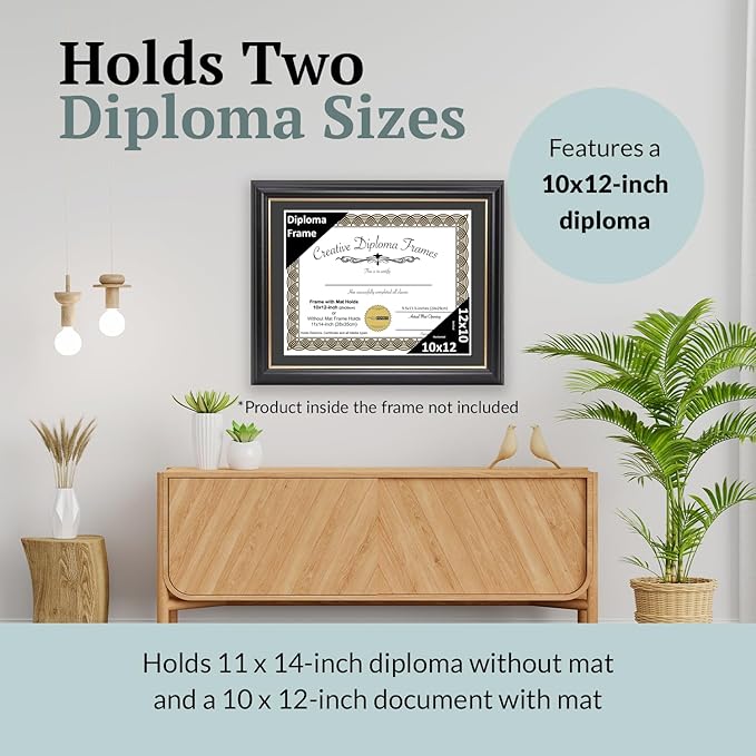 Creative Picture Frames 10" x 12" Rockefeller Black with Gold Rim Diploma Frame, Displays 10" x 12" Certificate or 11" x 14" Document without Mat, College Degree Frame, Full-Strength Glass, Black Mat
