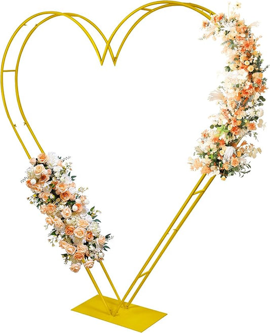 7FT Metal Heart Arch Double Heart Shaped Balloon Stand Wedding Arch for Proposal Ceremony Valentine's Day Birthday Party Baby Shower Decoration (Gold)