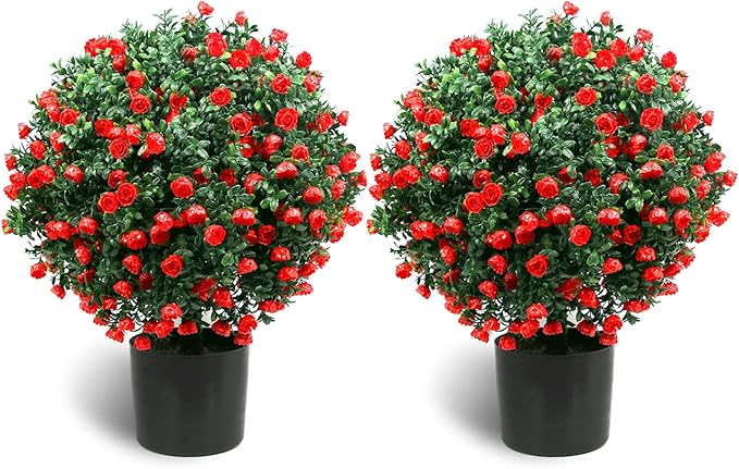 Sunnyglade 21.6” Tall Artificial Rose Topiary Ball Tree Set of 2 Pack Potted Bushes UV Resistant Potted Plants for Indoor Outdoor Home Garden(Red)