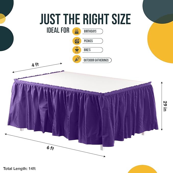 Exquisite Ruffle Table Skirt Purple 48 Pack 14 Ft Long Table Skirts for Rectangle Tables 6ft Plus or Round Tables Skirts with Adhesive Strip for Gender Reveal Decor & Happy Birthday Parties
