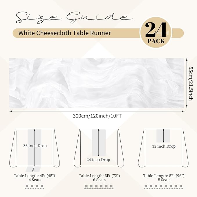 24 Pack White Cheesecloth Table Runner 120 inch Fall Thanksgiving Boho Rustic Gauze Farmhouse 10FT Cheese Cloth Runner for Baby Shower Wedding Party Holiday Home Decor
