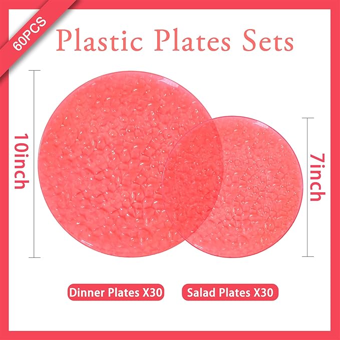 Rubtlamp 60 Pcs Red Plasitc Plates, Heavy Duty, Disposable,Clear Red Disposable Plates, Hammered Plastic plates Include 30 Dessert Platos, 30 Dinner Platos for Party