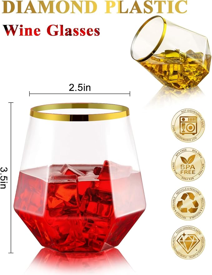 BESTSTAR 40 PCS Clear & Gold Rim 12 Oz Plastic Wine Whiskey Glasses, Diamond Stemless Unbreakable Disposable Wine Glasses for Party, Ideal for Beach Holidays,Halloween, Christmas, Weddings,Daily Use