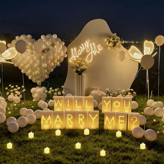 NEXAGEBIUS Will You Marry Me Marriage Proposal Decorations Luminary Bags Light Up Letters Sign Decor 2000 Rose Petals and Candles Set Romantic, Valentines Decor, Engagement Party Banner