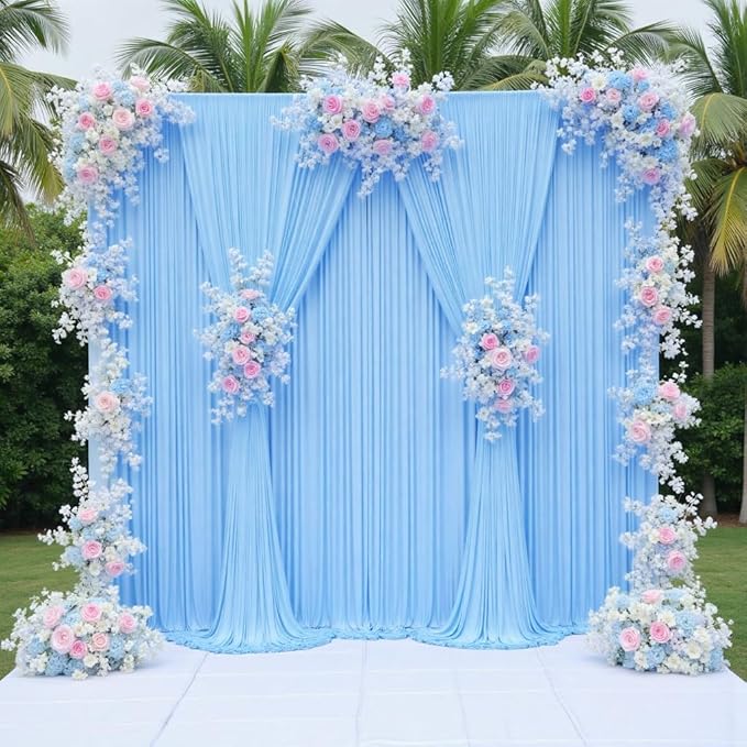 40 ft x 10 ft Wrinkle Free Baby Blue Backdrop Curtains for Parties, 8 Panels Polyester Light Blue Photo Backdrop Drapes for Birthday Wedding Party Baby Shower Photography