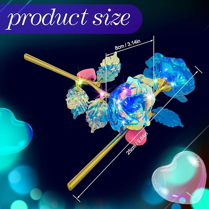 Lyrow 24 Pcs Valentines Galaxy Rose LED Light up Rose Flower Gifts Crystal Artificial Rainbow Flower for Valentine Lover Girlfriend Mom Her Mother's Day Birthday Wedding Gift, 9.84 Inches (Blue)