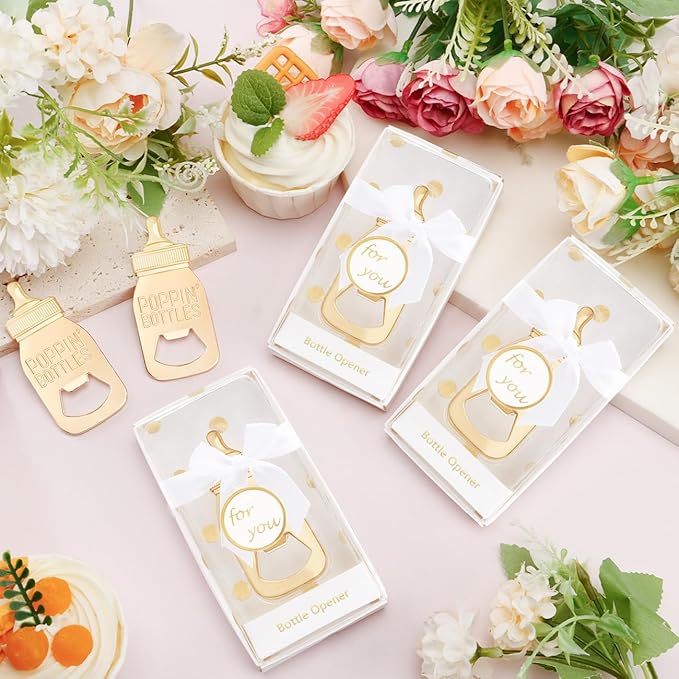 24PCS Golden Baby Bottle Openers for Baby Shower Favors Gifts, Baby Shower Decorations Souvenirs, Poppin Bottles Openers with Exquisite Gifts Box used for Guests Gender Reveal Party (24, white)