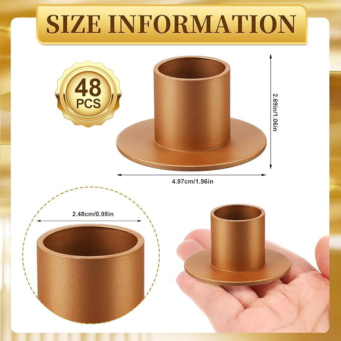 48 Pcs Taper Candle Holders Bulk for Wedding Pillar Candles Metal Taper Candlesticks Holders Centerpieces Short Candle Stick Dinner Decor for Party Anniversary Dinning Table Gift (48, Red Gold)