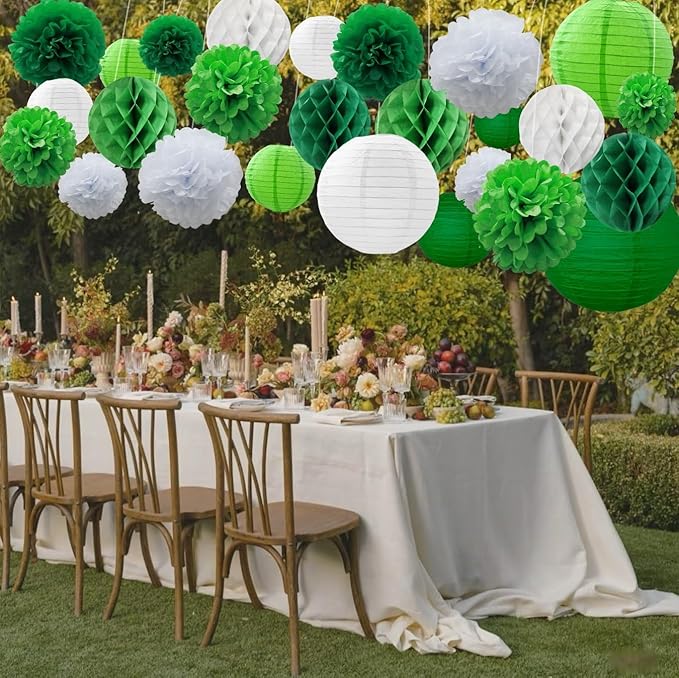 WOLHOWLTD 33 Pcs Green White Paper Lanterns, Pompoms, Honeycomb Decorations for St. Patrick's,Safari,Jungle,Dinosaur Theme Birthday Home Party Decoration(Green White)
