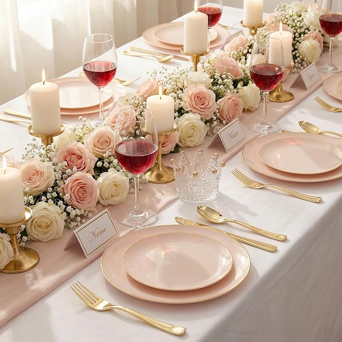 KIRE 350 PCS Pink Plastic Plates - Pink and Gold Disposable Dinnerware 50 Guest Include 50 Dinner Plate - 50Dessert Plate - 50Pre Rolled Napkins with Silverware for Valentine’s Day/Wedding/Baby Shower