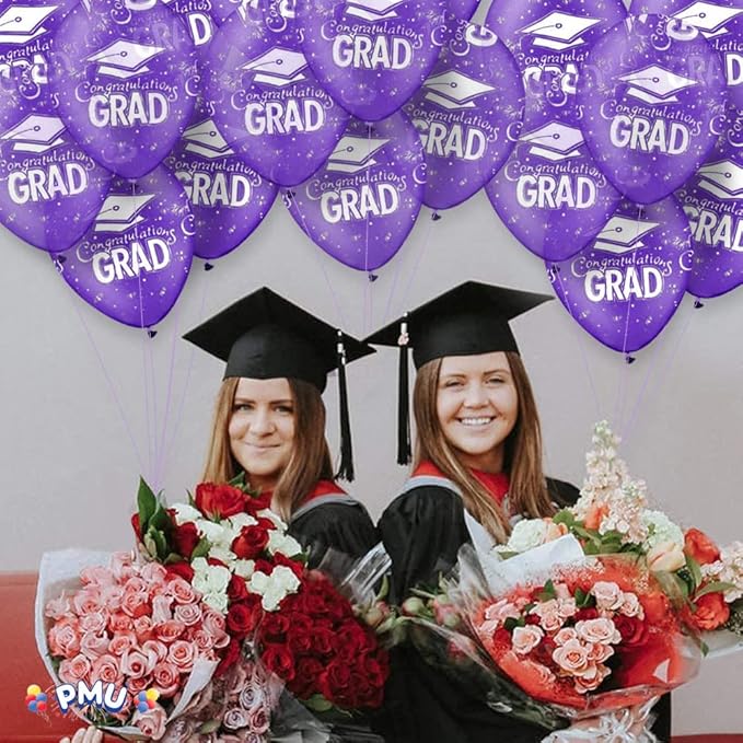 PMU 100 Pcs Crystal Purple Graduation Balloons Class of 2025 with All-Over Print White Grad Caps-Confetti and Streamers | Graduation Party Supplies | Congratulations Grad Latex Balloons Latex