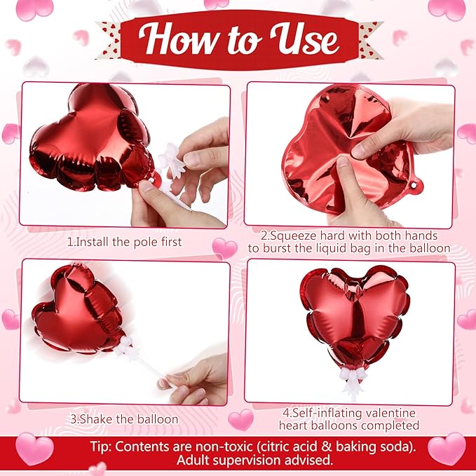 100 Pcs Valentine's Day Self Inflatable Heart Balloons with Bow Stems Mini Heart Balloons Decoration for Valentine Wedding Anniversary Party Supplies Cake Toppers(Red,6 Inch)