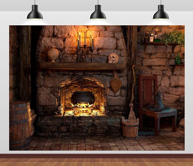 BELECO 10x6.5ft Fabric Spooky Witch Cottage Backdrop Halloween Witch Cabin Kitchen Fireplace Cauldron Candles Skull Sorcerer Photography Background Witch Party Decorations Photoshoot Studio Props