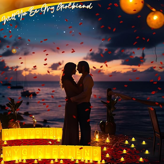 6093 Pcs Will You Be My Girlfriend Light up Letters with LED Flameless Tealight Candle Red Rose Petal Letter Luminary Paper Bag for Valentine's Day Decoration Romantic Special Night Decor