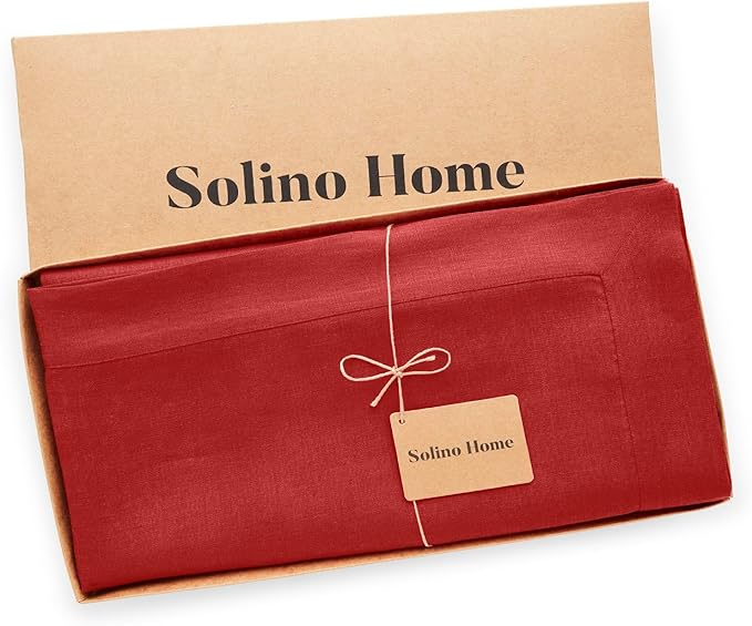 Solino Home Linen Red Tablecloth 60 x 132 Inch - 100% Pure Linen Rectangular Tablecloth - Machine Washable Table Cloth for Valentines - Fete