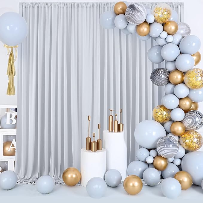 40 ft x 10 ft Wrinkle Free Silver Backdrop Curtain for Parties, Polyester Silver Grey Backdrop Drapes 8 Panels 5x10ft for Baby Shower Photoshoot Engagement Wedding Birthday Photography Background