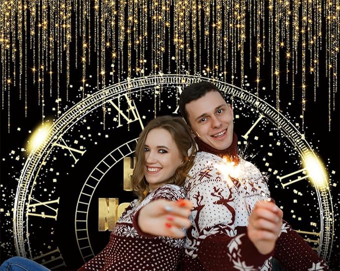 Happy New Year Backdrop 10x8ft New Years Eve Party Supplies Decor Gold Glitter 2026 Countdown Clock Background New Year Banner Family Portraits Decorations Christmas Photo Backdrop