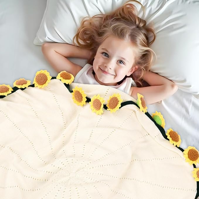 cagulax Birthday Gifts for Women Sunflower, Self Care Birthday Gifts for Best Friend, Mom, Sister, Wife, Grandma, Teacher, Cozy Throw & Decor Sunflower Crochet Flowers Bouquet Blanket 31 Inches