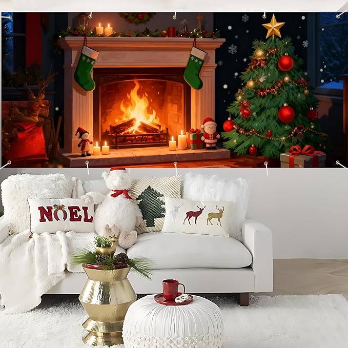 Christmas Garage Door Banner & Cover 7x16FT, Fireplace with Christmas Tree and Stockings, Large Outdoor Xmas Decoration for Garage Doors, Driveways, Winter Parties and Holiday Decor
