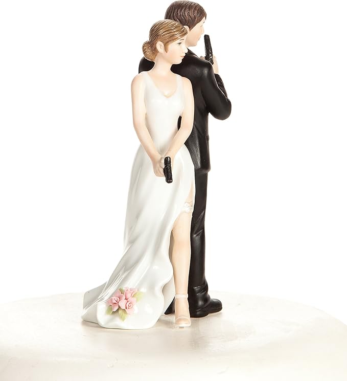 Wedding Collectibles Super Sexy Spy Guns Wedding Cake Topper with Bride and Groom | Fun, Sexy, Humorous Figurine | Fine Porcelain | 5.5 Inches