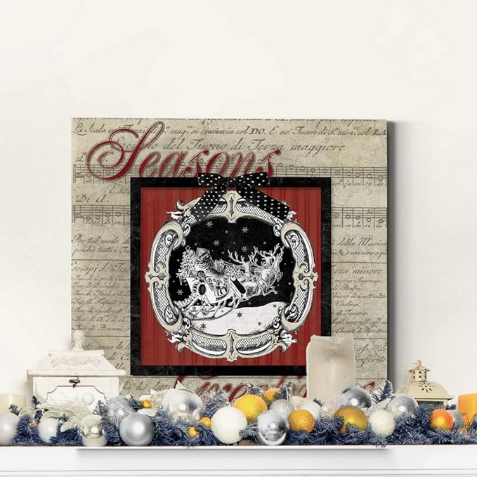 Renditions Gallery Season's Greetings Wall Art, Cute Winter Decor, Santa & his Reindeer, Antique Sheet Music Paper, Premium Gallery Wrapped Canvas, Ready to Hang, 40 in H x 40 in W, Made in America
