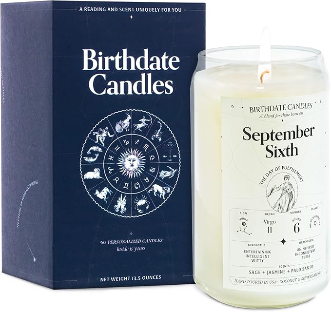 The Original Birthdate Candles, September 6 - Virgo Zodiac Scented Candles Birthday Gift - Sage, Jasmine & Palo Santo Scent - All-Natural Soy & Coconut Wax, 60-80 Hour Burn Time - Made in USA