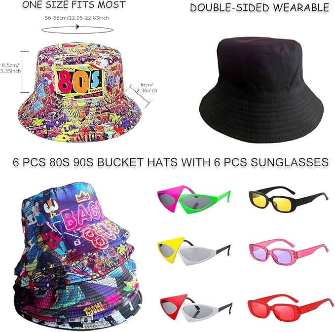 12 Pack Retro 80's 90's Party Bucket Hats With Neon Party Sunglasses, Funny 1980's 1990's Theme Party Hats Set, Retro Photo Booth Props Kit for Hip Hop Parties, Birthday, Wedding, Graduation, Outdoor