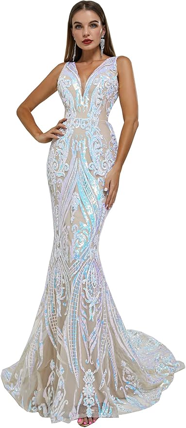 Women's Double V-Neck Sequins Lace-up Mermaid Evening Dress