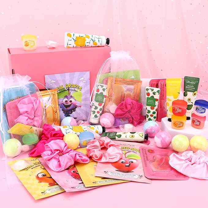 88PCS Spa Party Supplies for Girls, Spa Party Favors Include Face Masks, Under Eye Patches, Lip Masks, Lip Balm, Hand Cream, Foot Bath Bombs, Compressed Towels, Bulk Spa Sleepover Slumber Party Kit