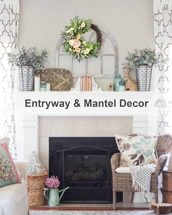 24 Inch Spring Wreath for Front Door, Grapevine Half Greenery Wreaths with Pink Peony Lavender Flowers & Eucalyptus Olive Leaves for Farmhouse Decor Porch Wall Indoor Outdoor Decoration