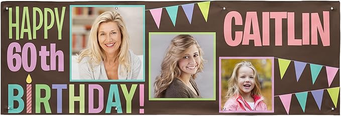 Let's Make Memories Personalized Happy Birthday Banner - Customized Celebration Banner - Party Decorations - Indoor/Outdoor Vinyl - Any Text and Photos - Then & Now - Pink - 8ft