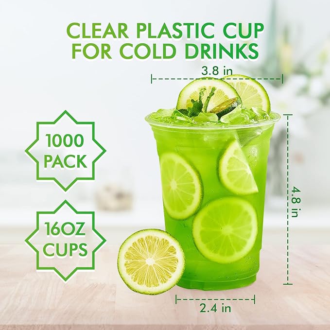 Lilymicky 1000 Pack 16 oz Clear Plastic Cups, PET Disposable Drinking Cups, Crystal Clear, Perfect for Ice Coffee, Smoothie, Soda, or Any Cold Drinks