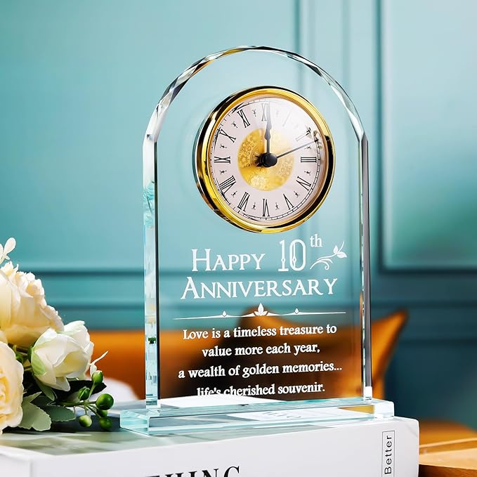 YWHL 10 Year Anniversary Clock Gifts for Her, 10th Wedding Anniversary Glass Keepsake Gift for Couple (Battery not Included