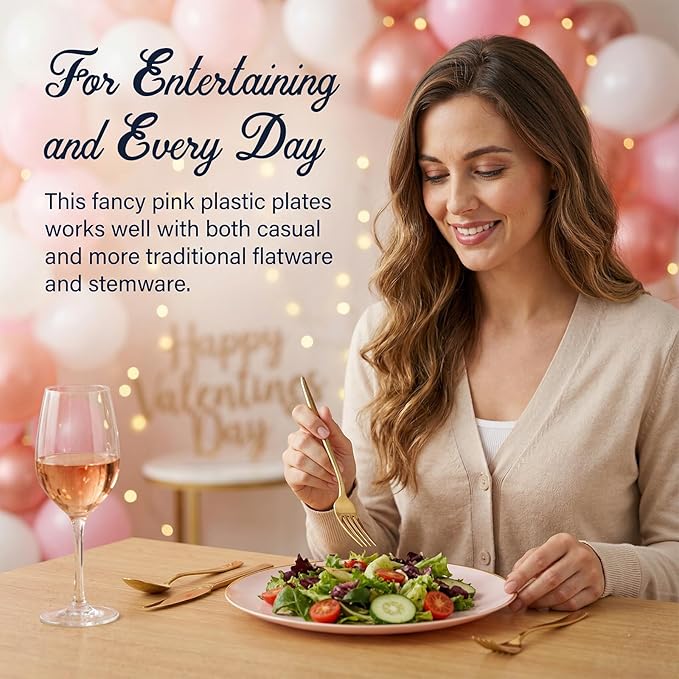 KIRE 175PCS Pink Plates Disposable - Heavy Duty Pink and Gold Plastic Plates Dinnerware Sets - 25 for Dinner 25 for Dessert 25 Pre Rolled Napkins 25Cups for Party/Wedding/Valentine's Day/Baby Shower