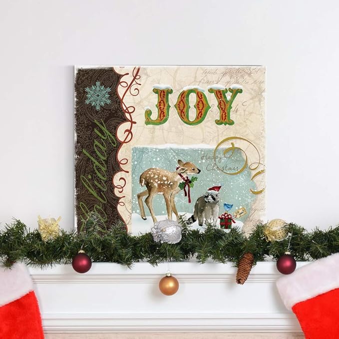 Renditions Gallery Holiday Joy Wall Art, Cute Winter Decor, Festive Fawn Deer, Raccoon, & Bluebird with Present, Premium Gallery Wrapped Canvas, Ready to Hang, 16 in H x 16 in W, Made in America