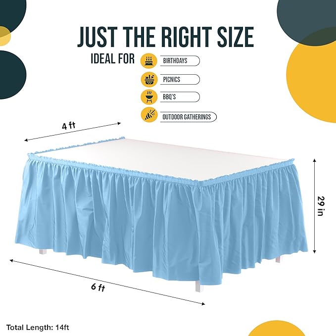 Exquisite Ruffle Table Skirt Light Blue 48 Pack 14 Ft Long Table Skirts for Rectangle Tables 6ft Plus or Round Tables Skirts with Adhesive Strip for Gender Reveal Decor & Happy Birthday Parties