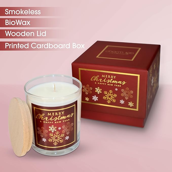 CharmLab Candle – Christmas, 12 oz Glass Jar with Wooden Lid, Wood & Spice Sandal Scent, 40H Burn, Red Snowflake Design, Luxury Gift Box, Elegant Holiday Candle, Christmas Gift & Home Decor