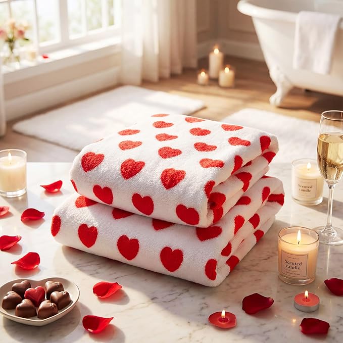 Frienda 2 Pcs Valentine Hearts Cotton Bath Towels Gift Set 55 x 28 Inch Galentine Decoration Red Pink Hearts Soft Cotton Bath Towels for Valentine Gifts Home Travel Swim Bathroom Shower Supplies(Red)