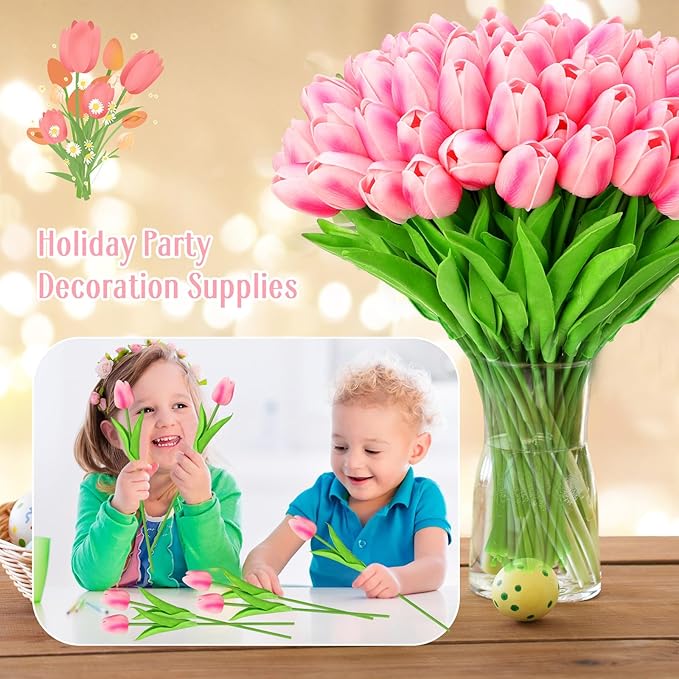 Jexine 100 Pcs Artificial Real Touch Tulips Fake Artificial Tulip Flower Bulk Bouquet with Stem for Table Centerpieces Wedding Bridal Easter Mother's Day Garden Home Decor, 13.4''(Purple Rose)