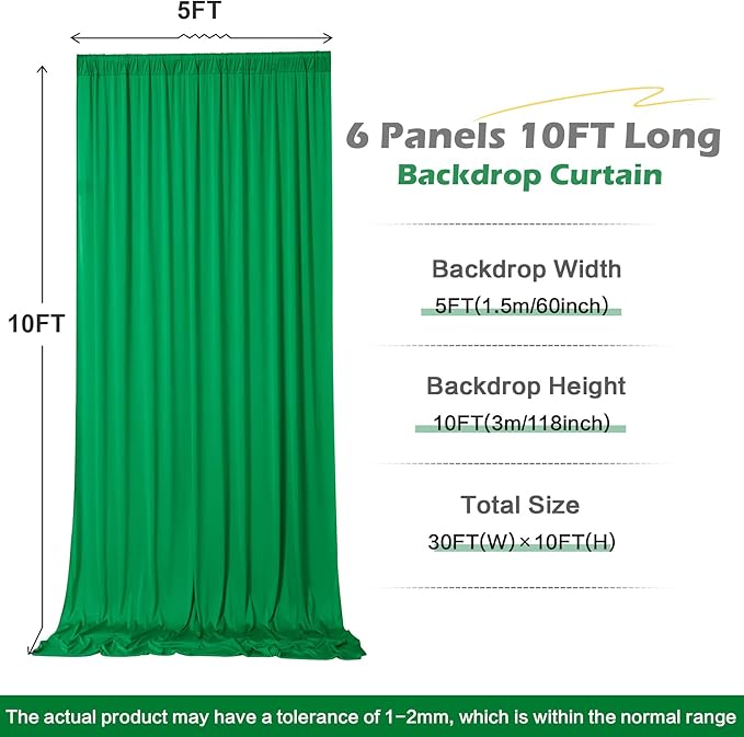 30 ft x 10ft Wrinkle Free Green Backdrop Curtain for Parties, 6 Panels 5x10ft Silky Polyester Green Backdrop Drapes Photo Back Drop Cloth for Wedding Birthday Baby Shower Photography Background