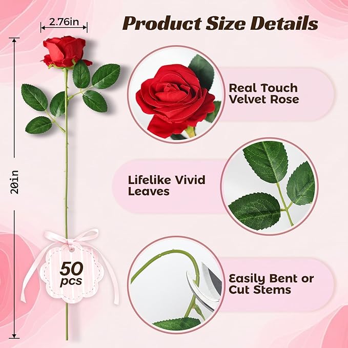 50 Pcs Fake Red Roses Artificial Flowers Bulk, Faux Velvet Silk Rose Bouquet with Long Stems Real Look for Wedding Party Centerpieces Vases Decor