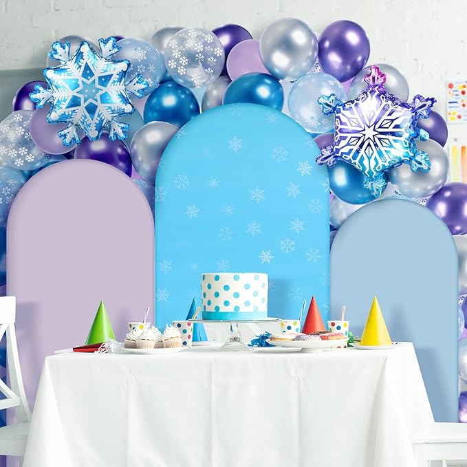 34 Pcs Winter Party Wonderland Decorations 4ft 5ft 6ft Snowflake Arch Backdrop Covers Wonderland Spandex Arch Backdrop Blue Purple Balloon for Winter Birthday Princess Themed Party Decor
